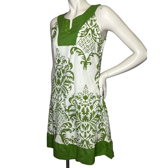 Cassee’s Summer Sundress S Small Knee Length Green White Cotton Damask Dress - Picture 2 of 8